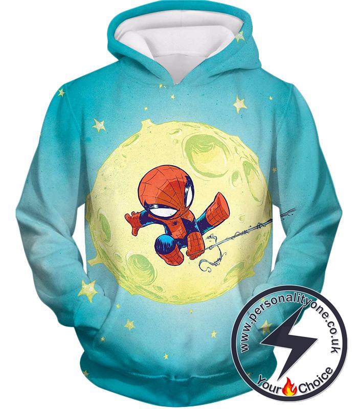 Cute Animated Spiderman Swinging Cool Blue Hoodie