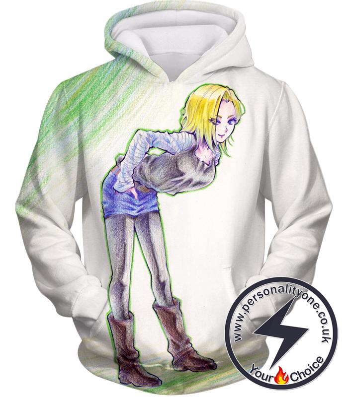 Dragon Ball Super Super Cute Android 18 Drawing Cool White Hoodie