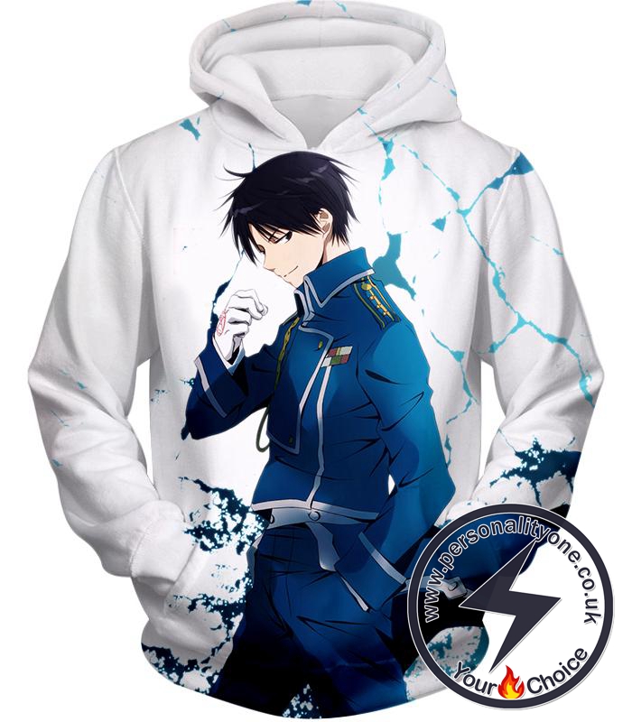 Fullmetal Alchemist Cool Fire Alchemist Roy Mustang Awesome Anime Pose White Hoodie