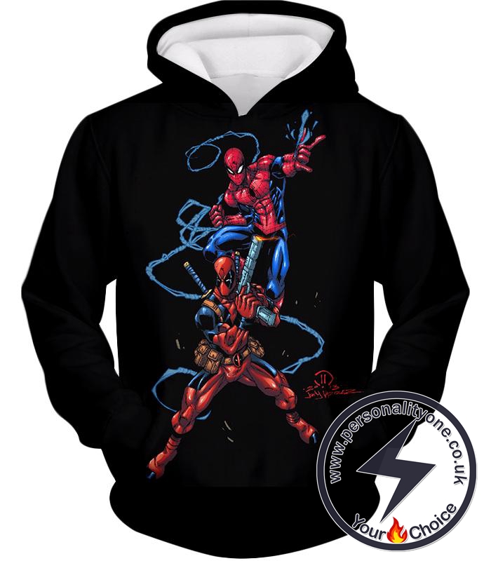 Super Cool Spiderman and Deadpool Action Black Hoodie