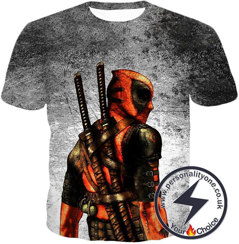 Amazing Deadpool Serious Mercenary Pose Black Textured T-Shirt