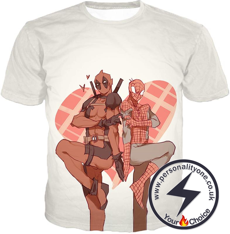 Cheerleading Comic Art Deadpool and Spiderman Funny White T-Shirt