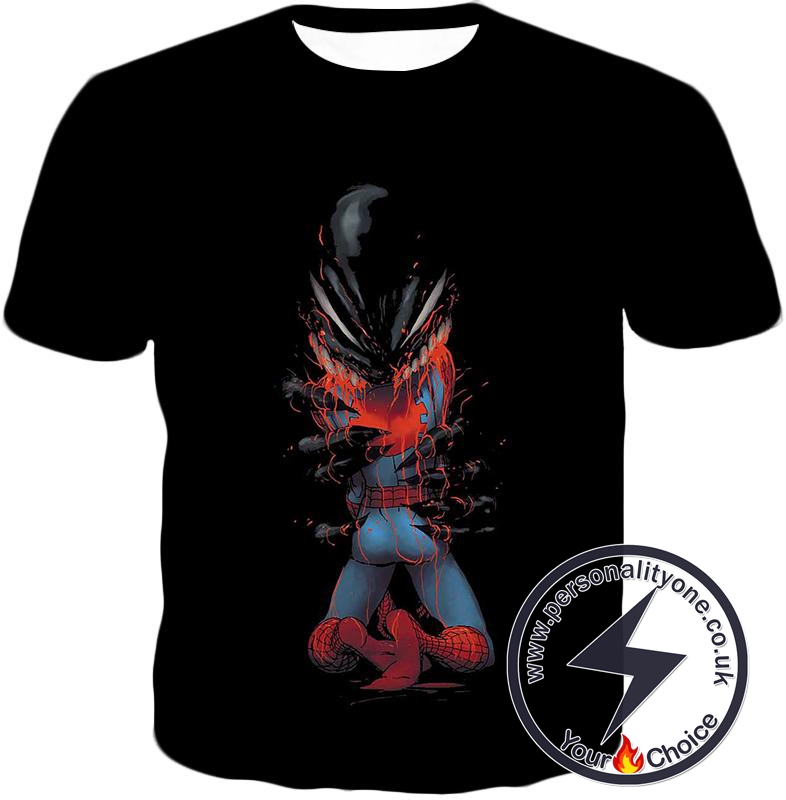 Crazy Venom Feeding Spiderman Black Action T-Shirt