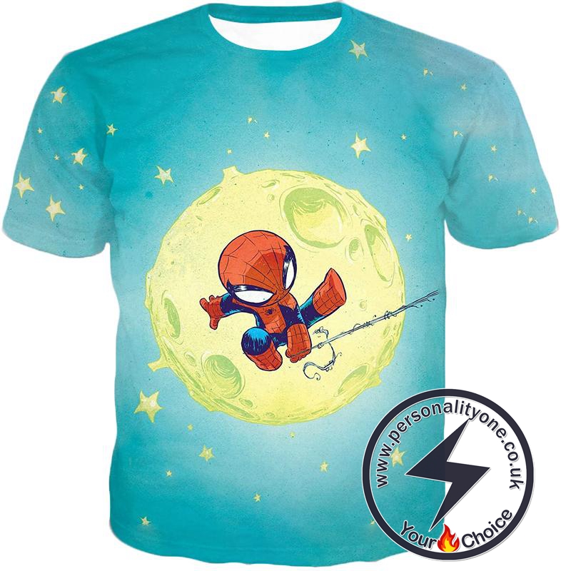 Cute Animated Spiderman Swinging Cool Blue T-Shirt