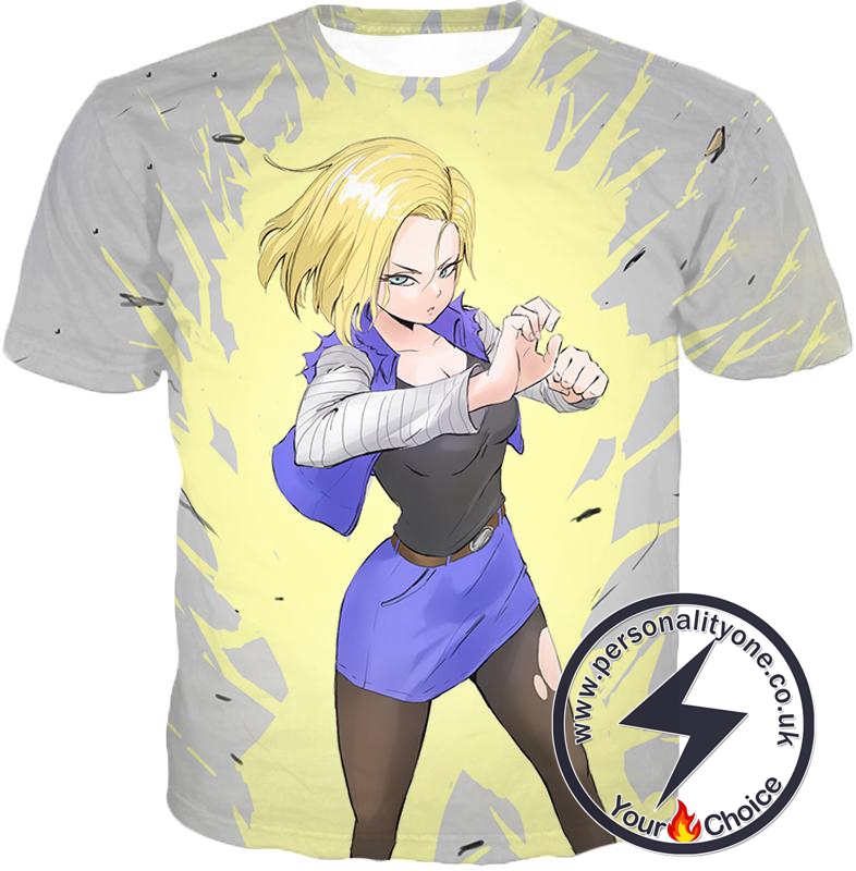 Dragon Ball Super Amazing Fighter Android 18 Cool Action Anime White T-Shirt