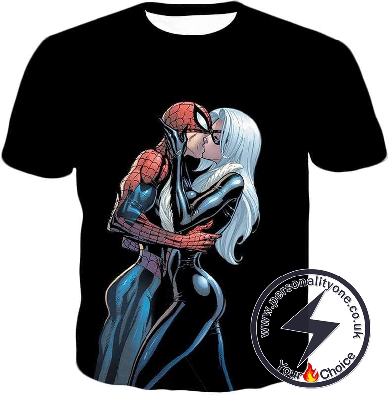 Hot Spiderman Black Cat Kiss Action Black T-Shirt