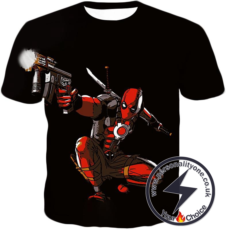 Marvel Comic Hero Red Masked Deadpool Action Black T-Shirt