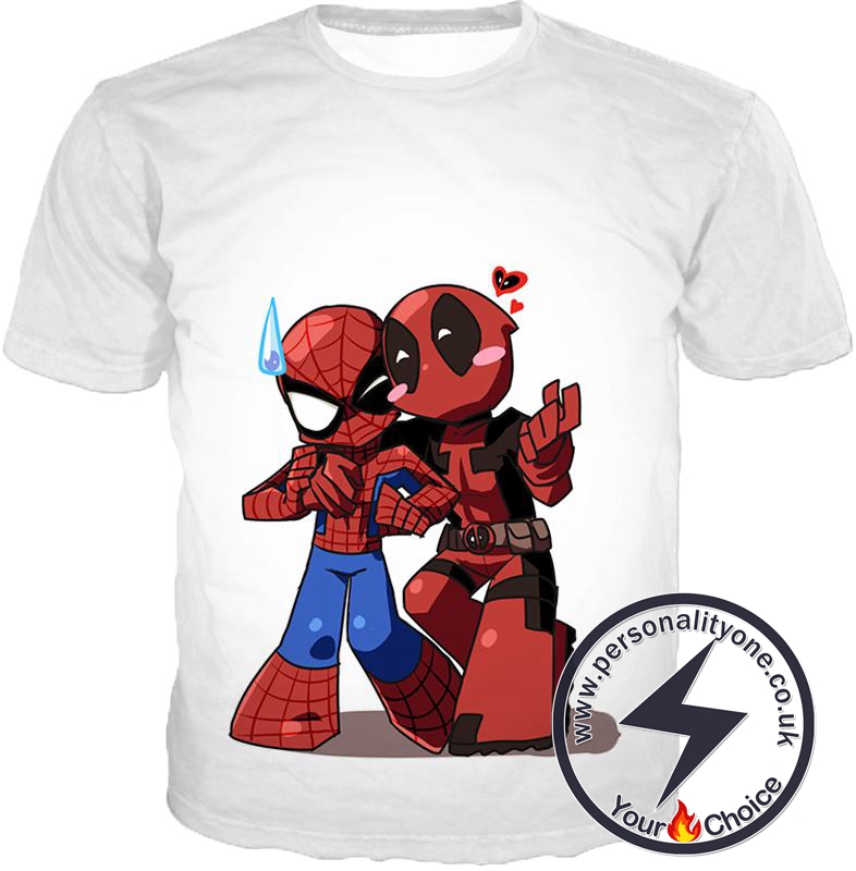 Marvel Heroes Deadpool and Spiderman Funny Figures White T-Shirt