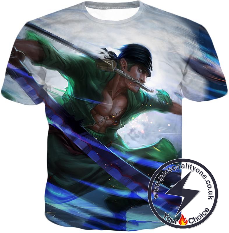 One Piece Awesome Swordsman Roronoa Zoro Action White T-Shirt