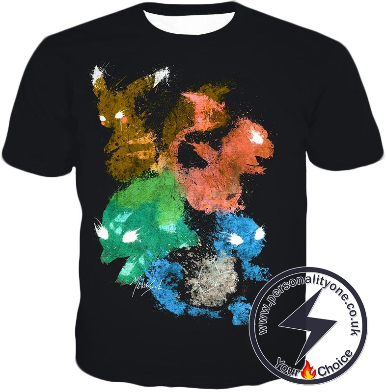 Pokemon Pokemon First Generation Pokemons Spray Print Cool Black T-Shirt