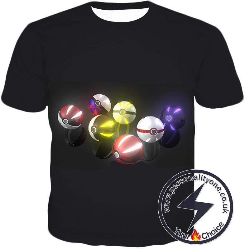 Pokemon Super Cool All Types of Pokeballs Awesome Black T-Shirt