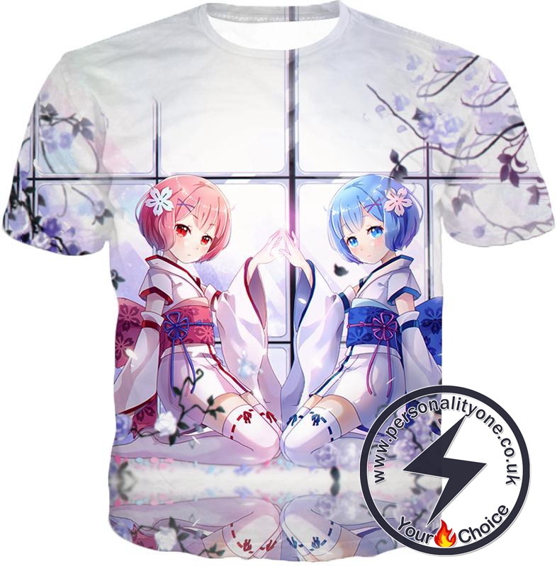 Re:Zero Cute Anime Girl Twins Rem and Ram White T-Shirt