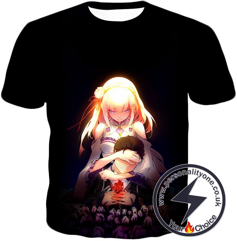 Re:Zero Cute Couple Emilia and Subaru Cool Black T-Shirt