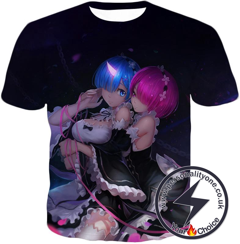 Re:Zero Cute Twin Oni Sisters Ram and Rem Black T-Shirt