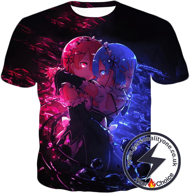 Re:Zero Wonderful Anime Twin Maids Rem and Ram Cute Black T-Shirt