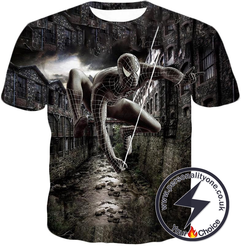 Super Cool Black Spiderman HD Printed Action T-Shirt