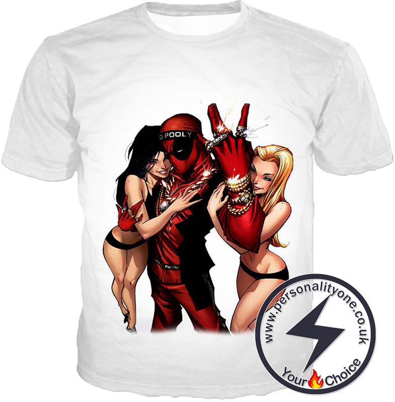 Super Cool Playboy Hero Deadpool White T-Shirt