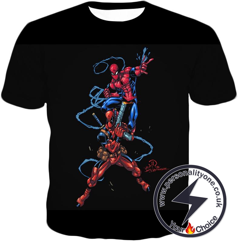 Super Cool Spiderman and Deadpool Action Black T-Shirt